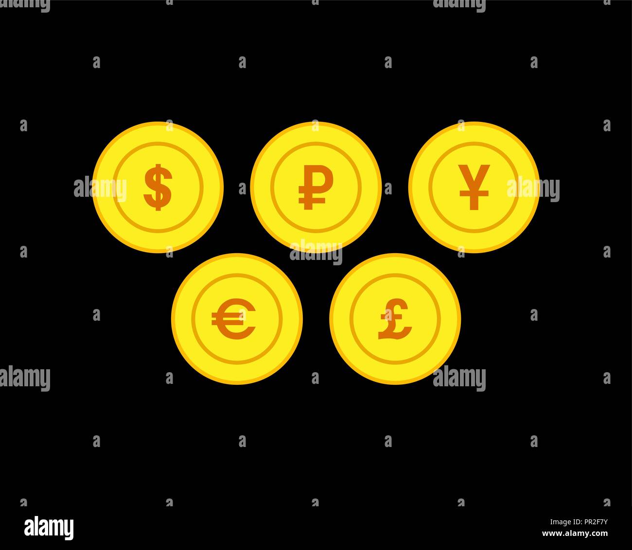 Set di cinque monete con simboli di valuta Illustrazione Vettoriale