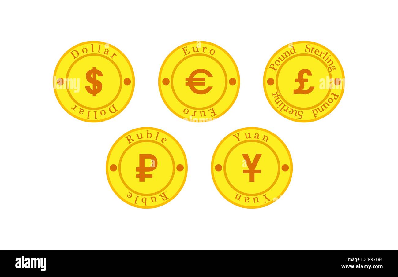Serie di monete con simboli di 5 valute Illustrazione Vettoriale