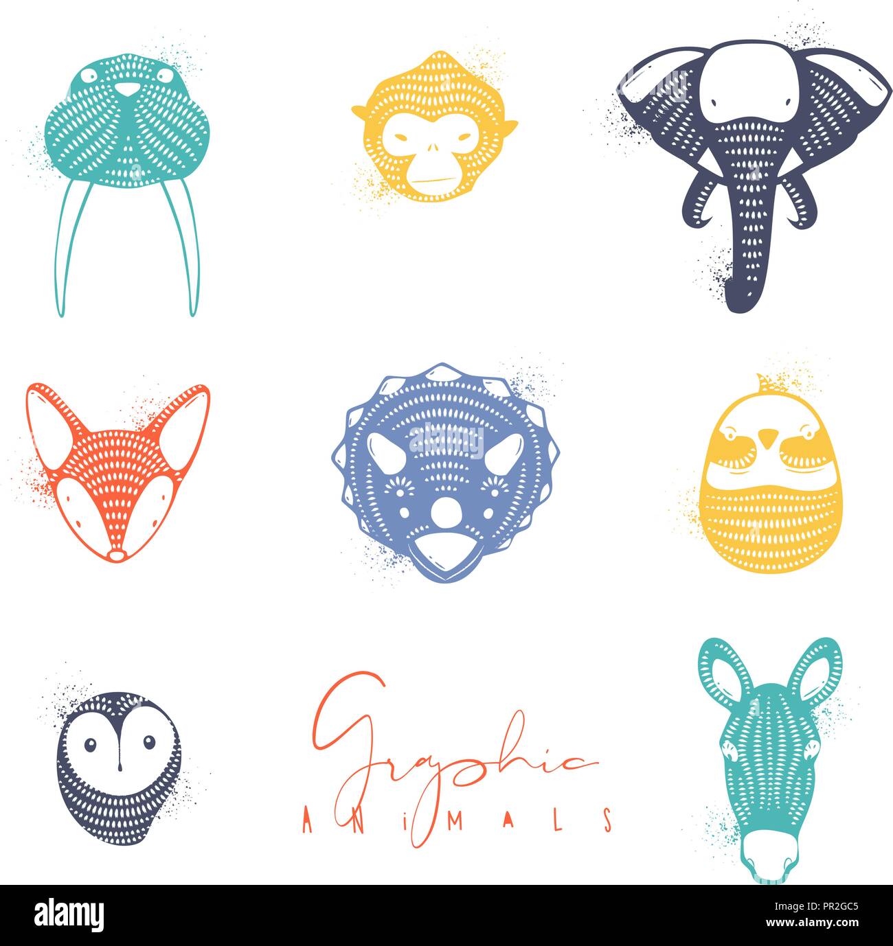 Serie di animali autentica graphic tricheco, scimmia, elefante, fox, triceratops, bird, OWL, disegno di cavallo in diversi colori Illustrazione Vettoriale