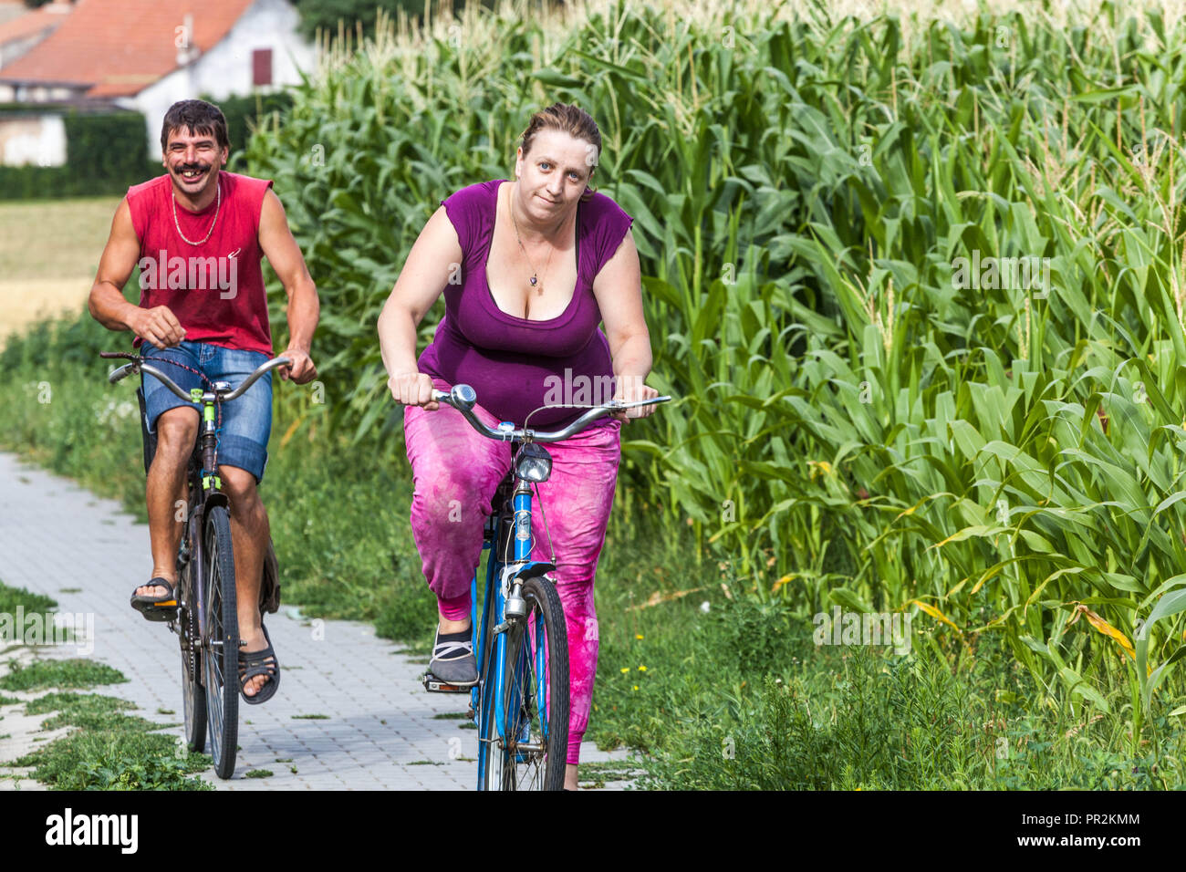 Vita della gente ceca, uomo sorridente e donna obesa in bicicletta, giro in bici intorno al campo di mais, campagna moraviana, Repubblica Ceca in bicicletta Foto Stock