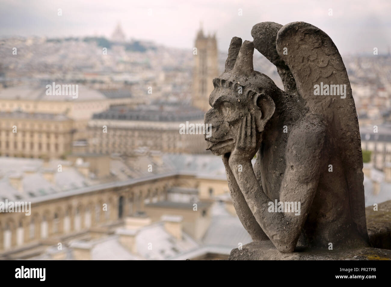 Pensando figura chiamati Chimera o grottesco e il panorama di Parigi in Francia dal campanile della Basilica di Notre Dame Foto Stock