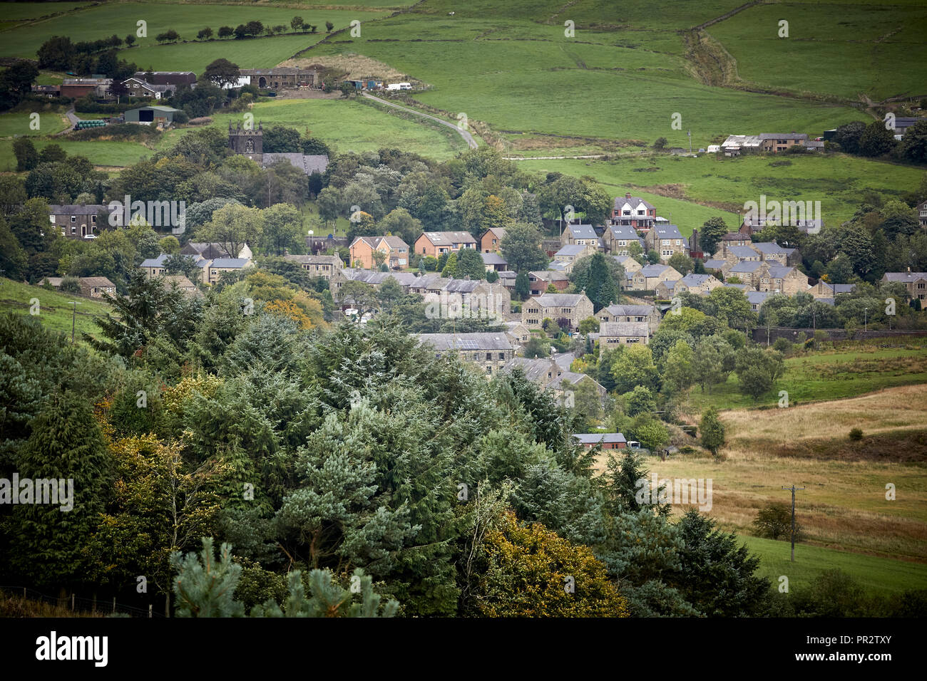 Stock abitativo nel rurale valley village Denshaw Saddleworth in una parrocchia civile del Metropolitan Borough di Oldham, Greater Manchester, Inghilterra Foto Stock