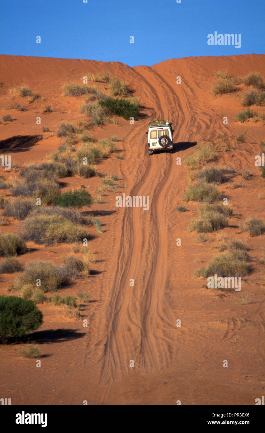 Un veicolo a 4 ruote motrici rende il modo oltre le dune di sabbia rossa su un Outback sterrato, Territorio del Nord, l'Australia. Foto Stock