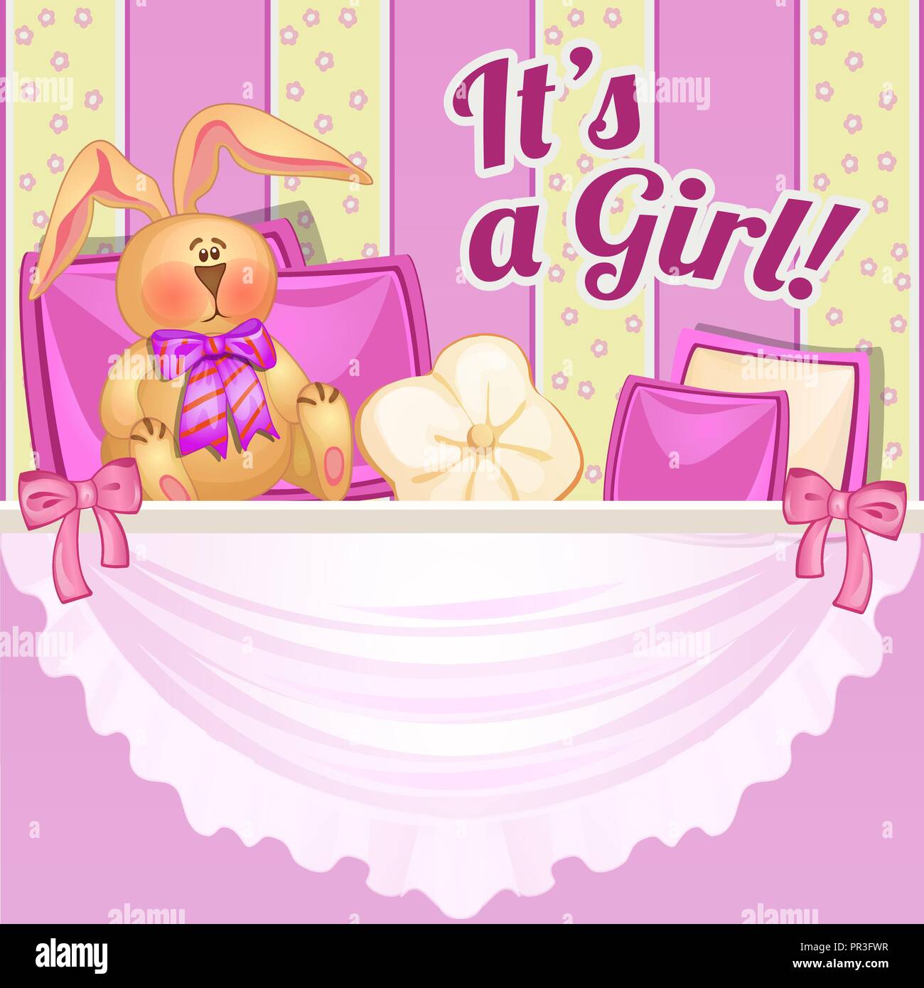 Carino Il Poster Con Un Peluche E Cuscini In Camera Ragazza Neonata Schizzo Per Un Invito O Un Biglietto Di Auguri Per La Nascita Del Bambino Vector Cartoon Close Up Illustrazione Immagine E