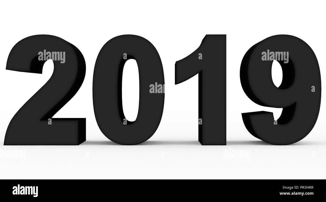 Anno 2019 black 3d numeri isolati su bianco - 3d rendering Foto Stock