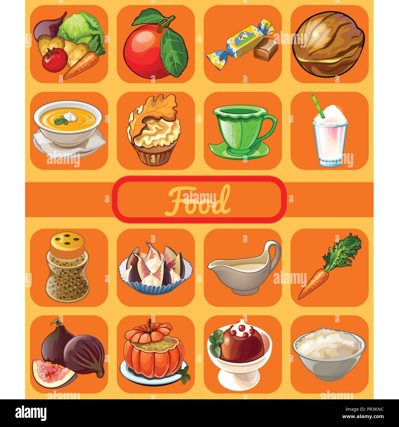 Set di organici utili cibo naturale. Attributo del mangiare sano menu fitness. Schizzo per vacanza adesivo, banner, scheda o invito alla festa. Vettore di Cartoon close-up illustrazione. Illustrazione Vettoriale