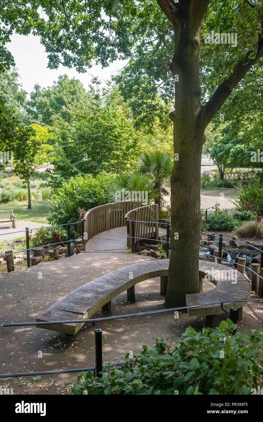 Banco ritorti attorno ad un albero in un parco pubblico di Wimbledon, Londra Foto Stock