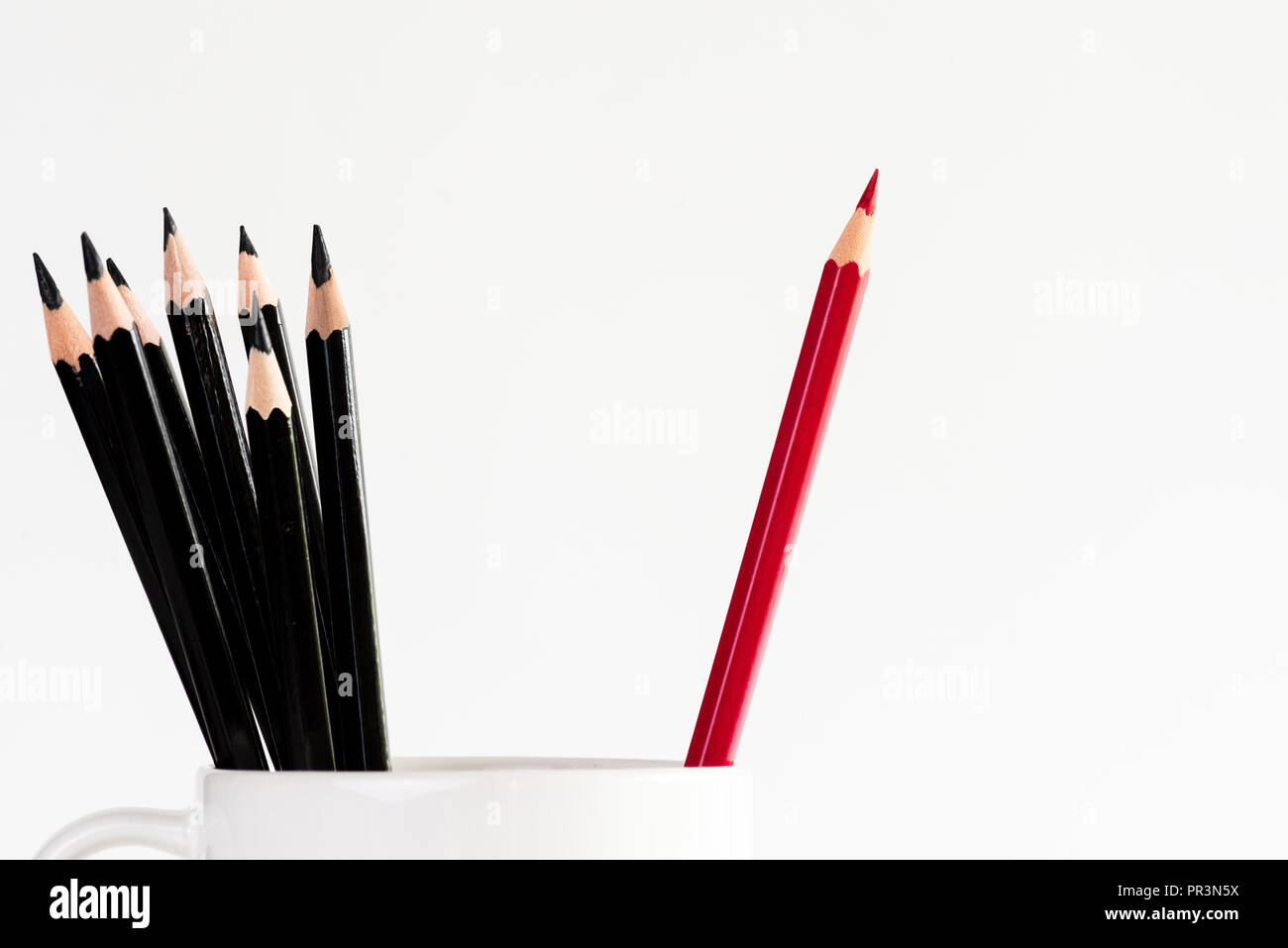 Matita rossa separati nella tazza blu con tra matite nero ancora in vita.  Si torna a scuola e istruzione concetto Foto stock - Alamy