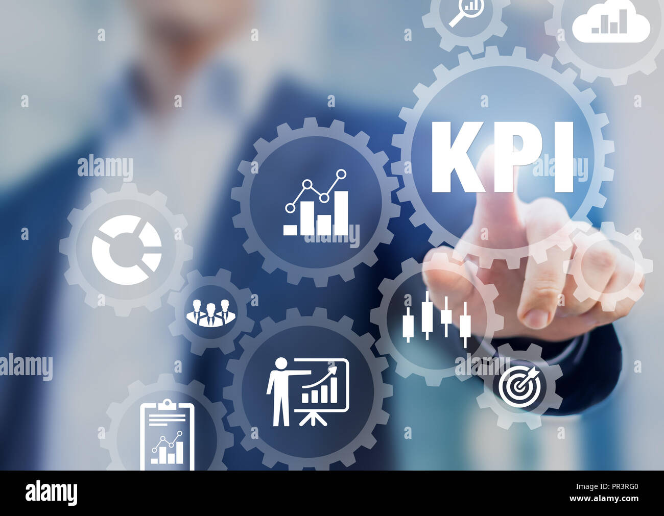 I KPI indicatori chiave di prestazioni di presentazione, strategia di sviluppo aziendale, metriche misurando la produzione, le vendite, l'efficienza contro prevista una mirata Foto Stock