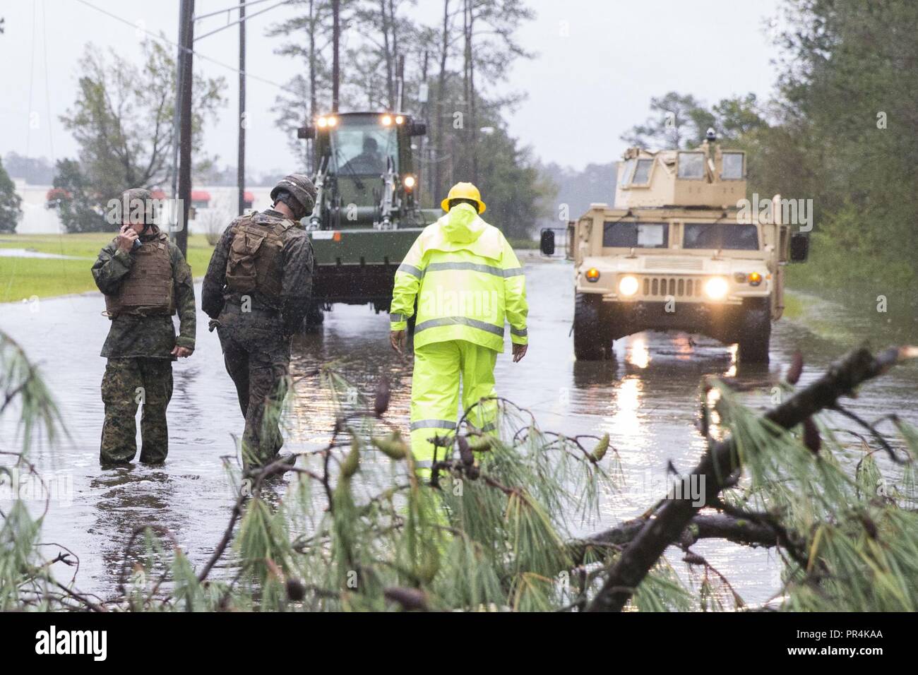 Stati Uniti Marines con Marine Wing Support Squadron 272 abbattere un albero sul Marine Corps Air Station New River, N.C., Sett. 14, 2018. Uragano Florence si prevede che l'impatto Marine Corps base Camp Lejeune e MCAS New River in periodi prevedibili di forti venti e piogge pesanti, le inondazioni delle zone urbane e bassa zone pianeggianti, potenziali inondazioni costiere e le mareggiate. Foto Stock