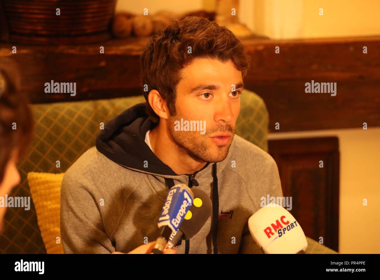 Innsbruck, Austria. Il 28 settembre 2018. Thibaut Pinot (Francia) durante il 2018 i Mondiali di ciclismo su strada 2009, conferenza stampa della squadra di Francia il 28 settembre 2018 a Innsbruck, Austria - Photo Laurent Lairys / DPPI Credito: Laurent Lairys/Agence Locevaphotos/Alamy Live News Foto Stock