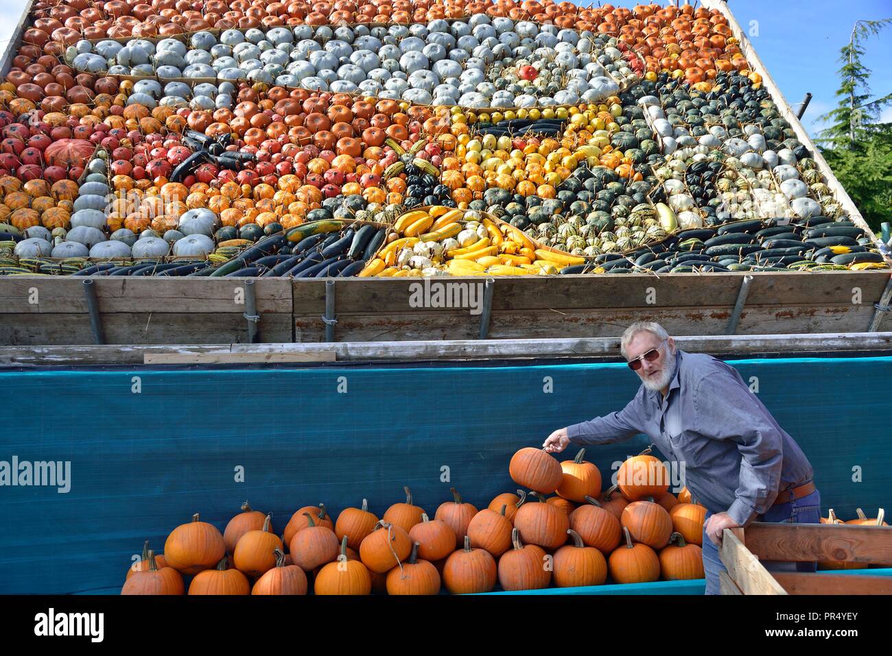 Slindon Village, West Sussex, Regno Unito. Il 29 settembre 2018. Annuale di Display di zucca Robin Upton sorge di fronte al suo display di zucca, aprendo la prossima settimana, che questo anno che commemora il centesimo anniversario della RAF, il centenario dell'armistizio e la sua famiglia nei 50 anni di crescita di zucche. Esso si svolge da ottobre a novembre (picco intorno a Halloween) e comprende circa un centinaio di diverse varietà di zucca e squash.Credit Gary Blake/Alamy Live News Foto Stock