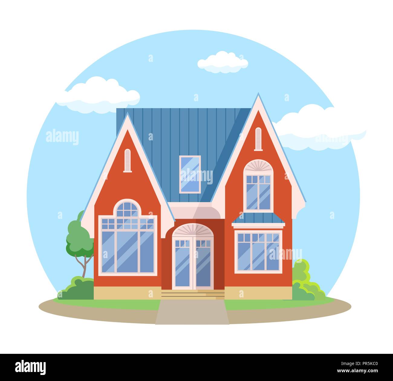Red cartoon esterno della casa con il colore blu cielo velato di fronte a casa il concetto di architettura Design piatto stile. Illustrazione Vettoriale di edificio con facciata Illustrazione Vettoriale