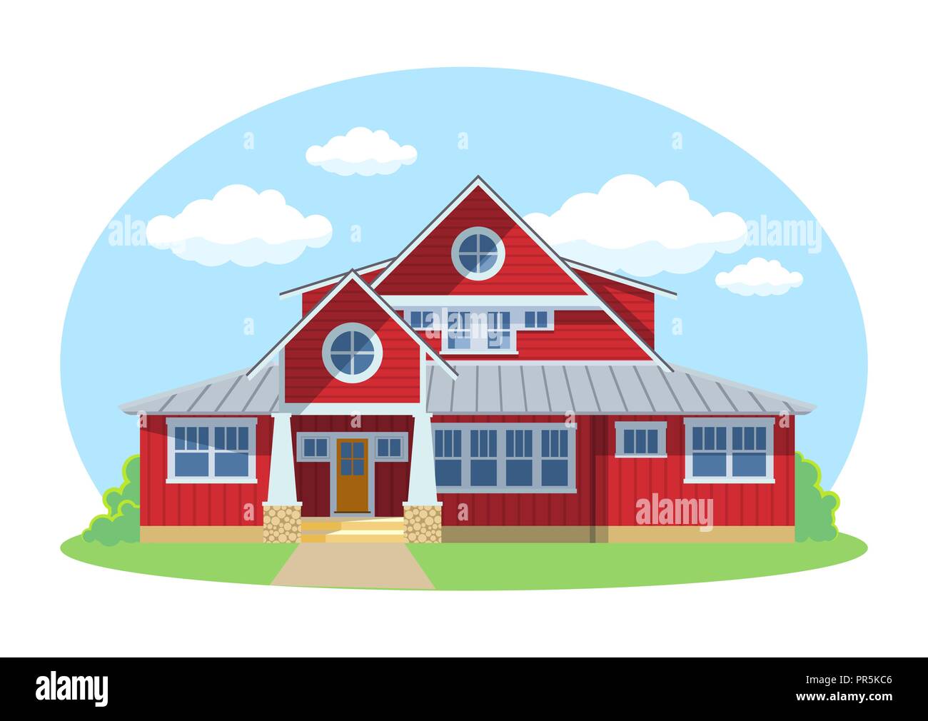 Red cartoon esterno della casa con il colore blu cielo velato di fronte a casa il concetto di architettura Design piatto stile. Illustrazione Vettoriale di edificio con facciata Illustrazione Vettoriale