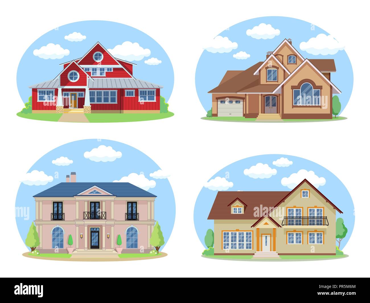 Edifici di vettore Set. Design piatto case isolate su sfondo bianco. Illustrazione Vettoriale