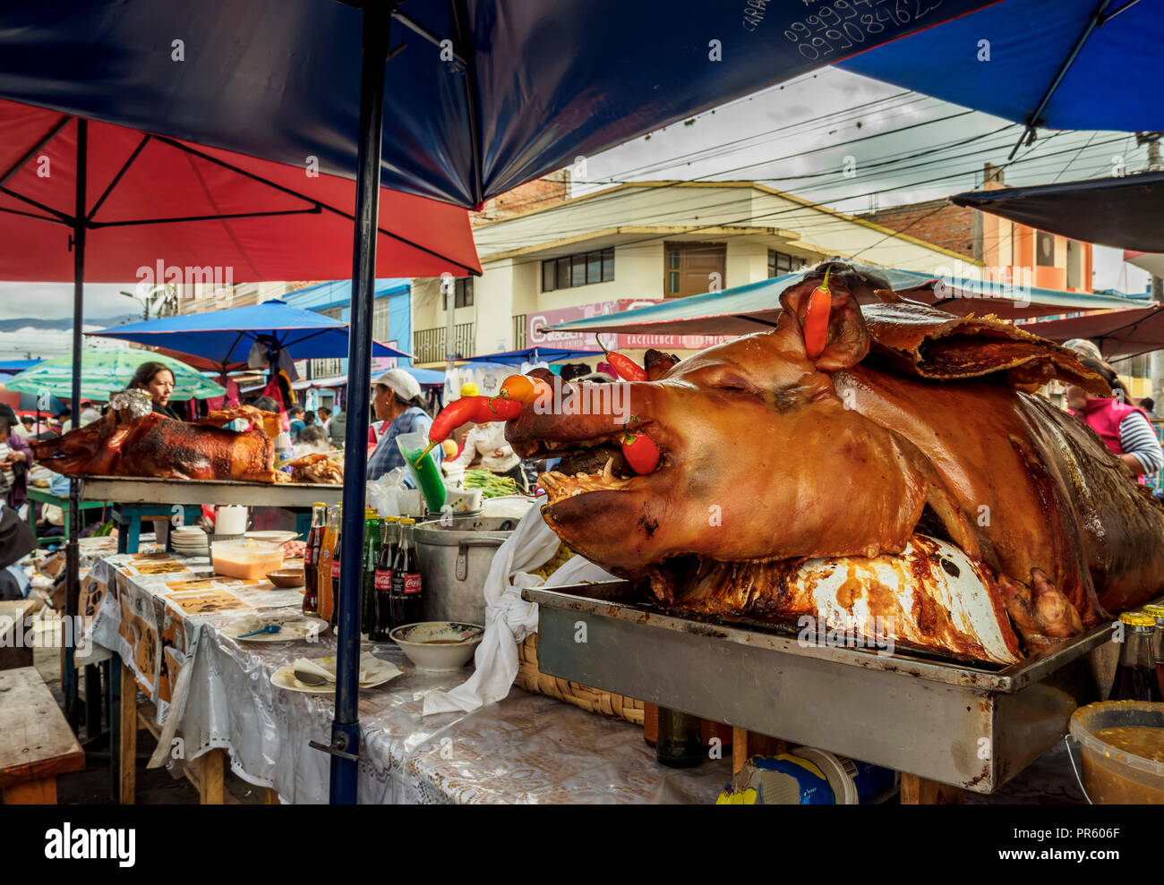 Sabato mercato alimentare, Plaza de Los Ponchos, Otavalo, provincia di Imbabura, Ecuador Foto Stock