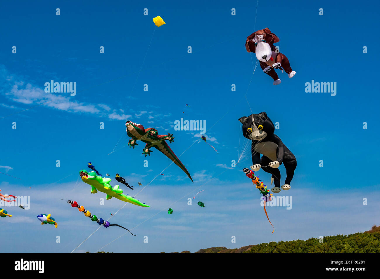 Novità aquiloni animale sia volato contro un profondo cielo blu Foto Stock