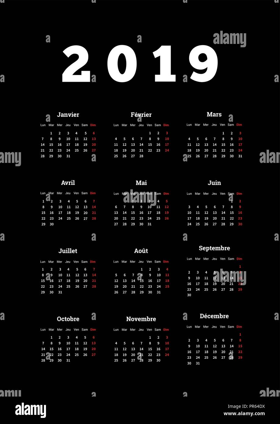 2019 anno di calendario semplici in lingua francese su sfondo scuro, A4 verticale dimensioni foglio Illustrazione Vettoriale