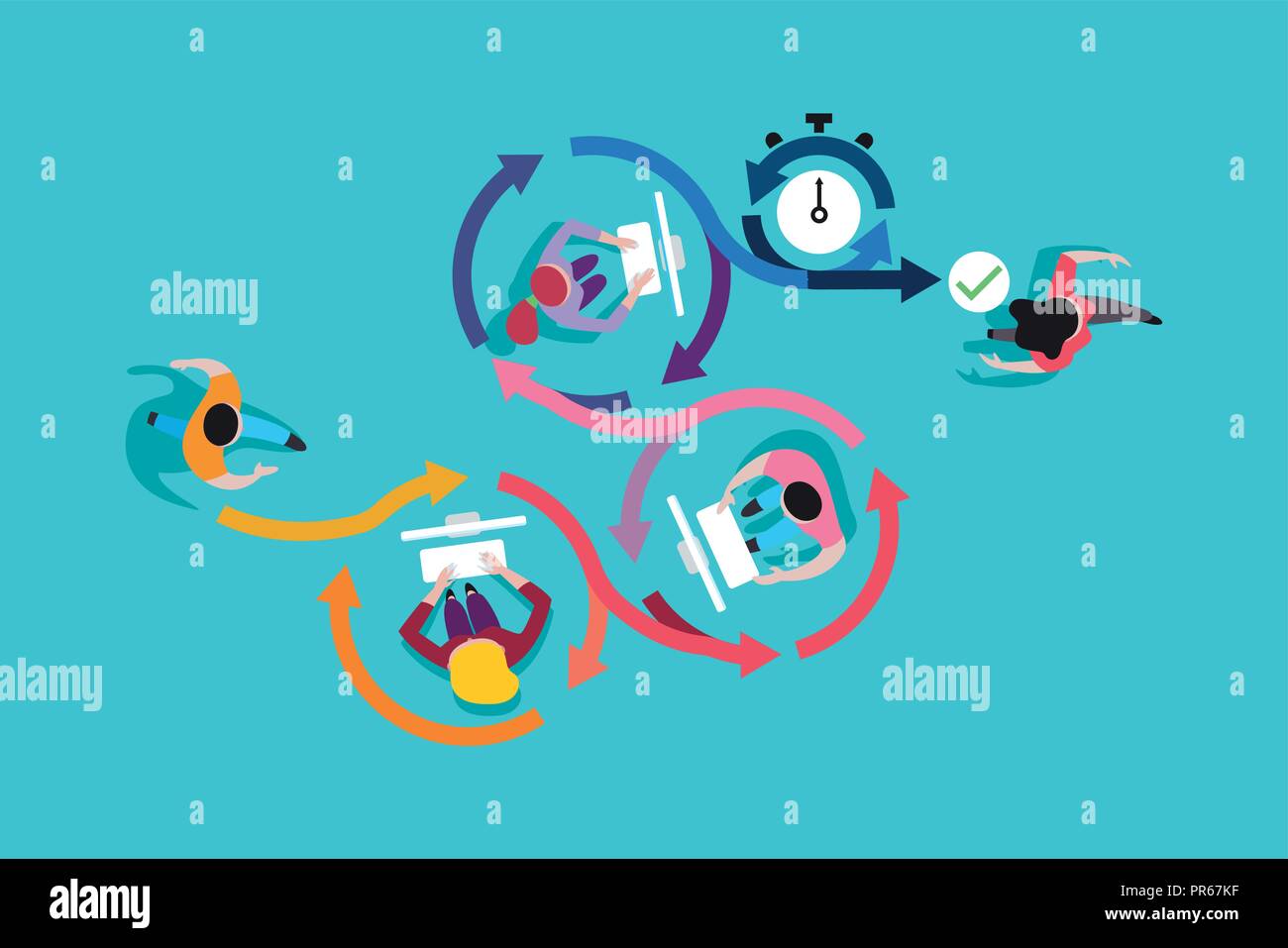 Illustrazione Vettoriale . Lo sviluppo agile metodo di flusso di lavoro. Vista superiore della squadra di sviluppatori a lavorare sul computer. Illustrazione Vettoriale