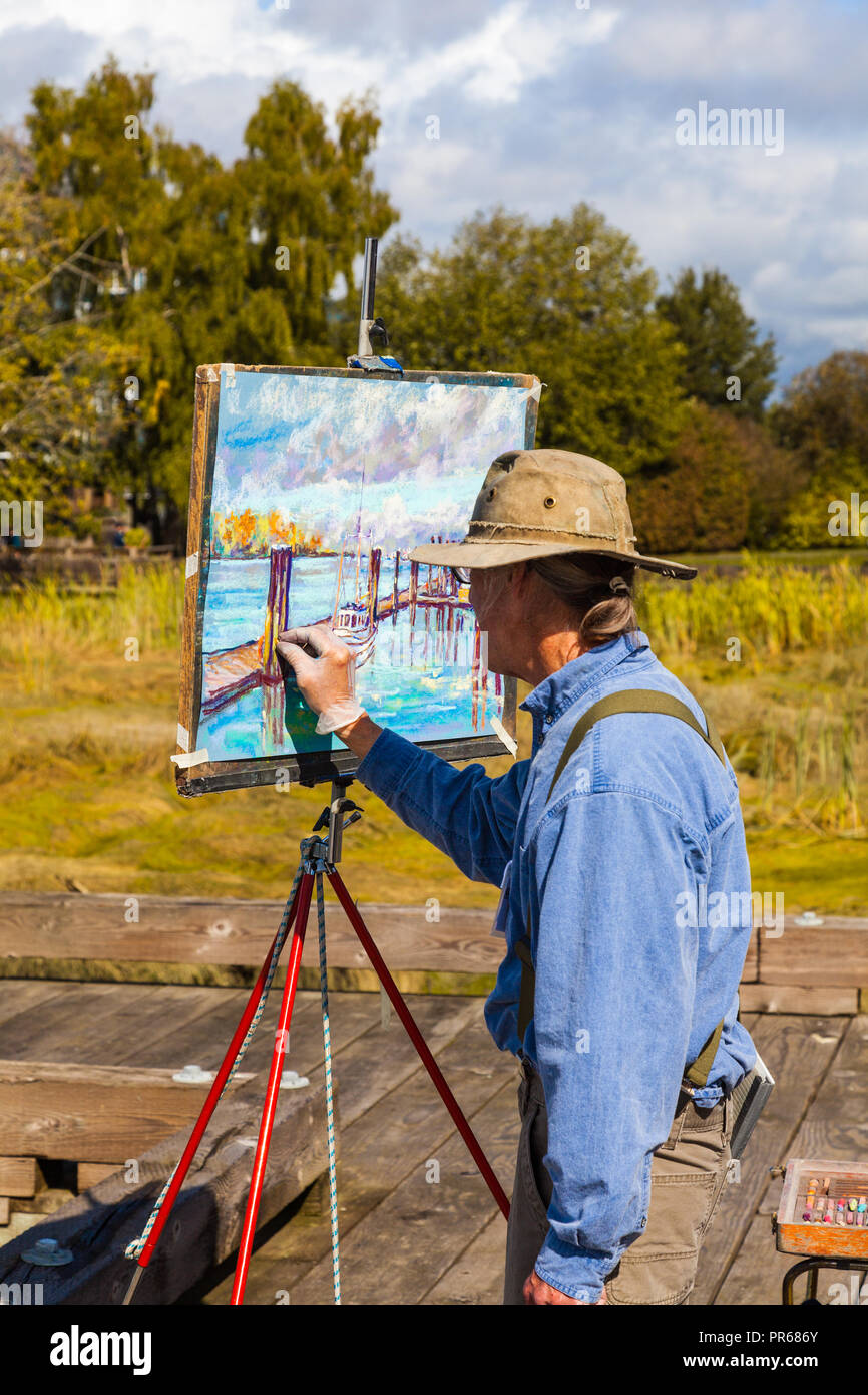 Un artista che partecipano ad un ART Grand Prix in Steveston, British Columbia Foto Stock