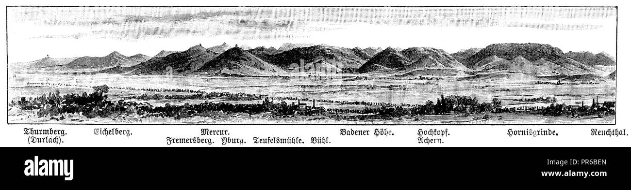 Le montagne in Baden: Thurmberg (Durlach), Eichelberg, Mercur, Fremersberg, Yburg, Teufelsmühle, Buehl, Badener altezza, testa alta, Achern, Hornisgrinde, Renchthal, 1892 Foto Stock