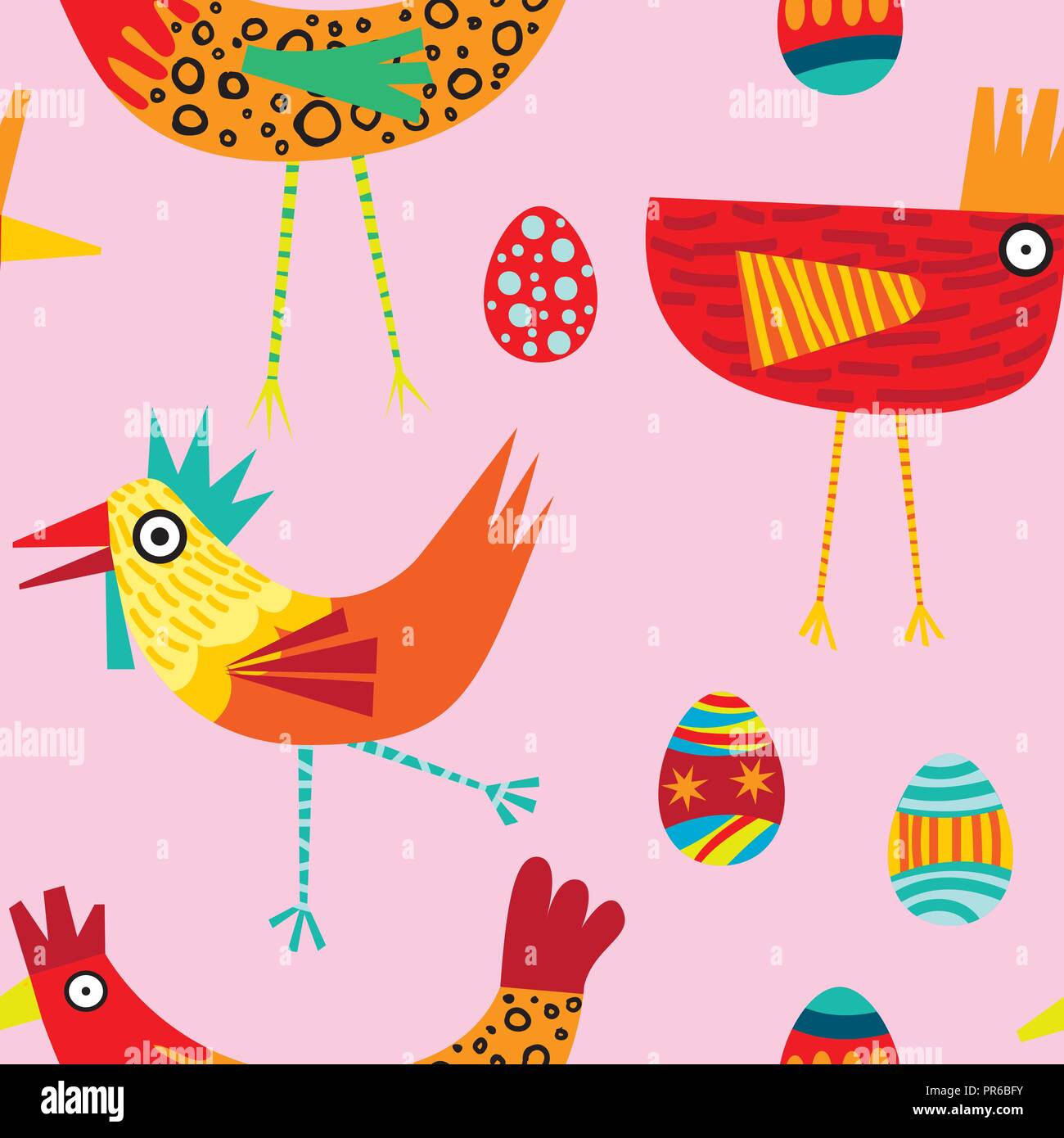 Il vettore in rosso e arancione funky polli su un sfondo rosa seamless pattern. Ideale per la creazione di progetti come tessuti, scrapbooking, sfondi. Illustrazione Vettoriale