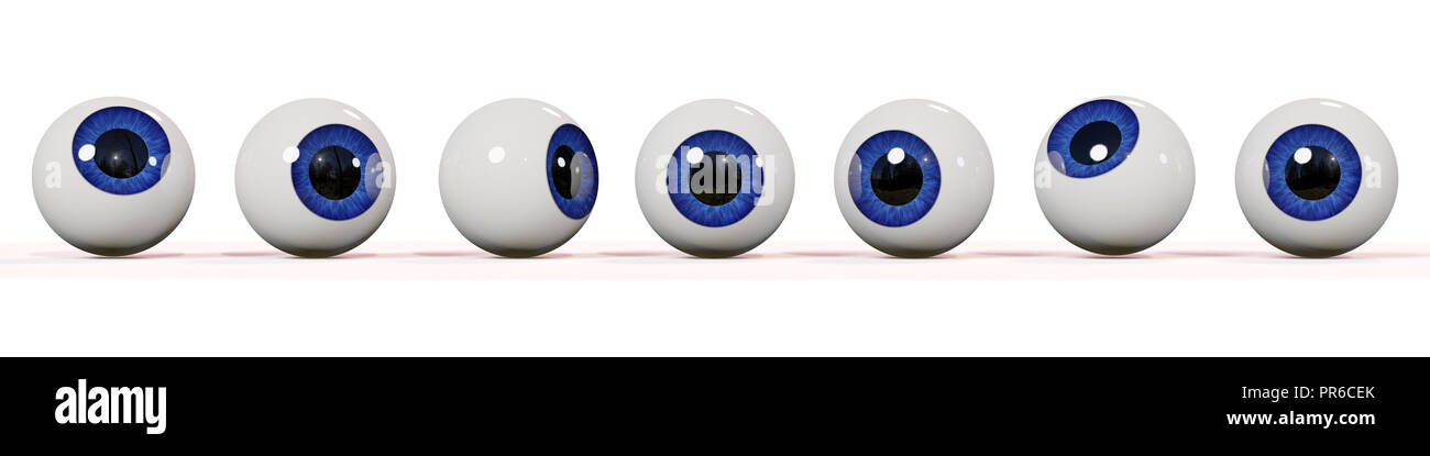 Molti realistico gli occhi umani con iris blu, isolato su sfondo bianco (3d illustrazione banner) Foto Stock
