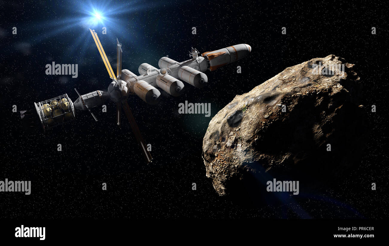 Astronave avvicinando asteroide, Dwarf Planet missione, profonda esplorazione dello spazio (3d science fiction illustrazione) Foto Stock