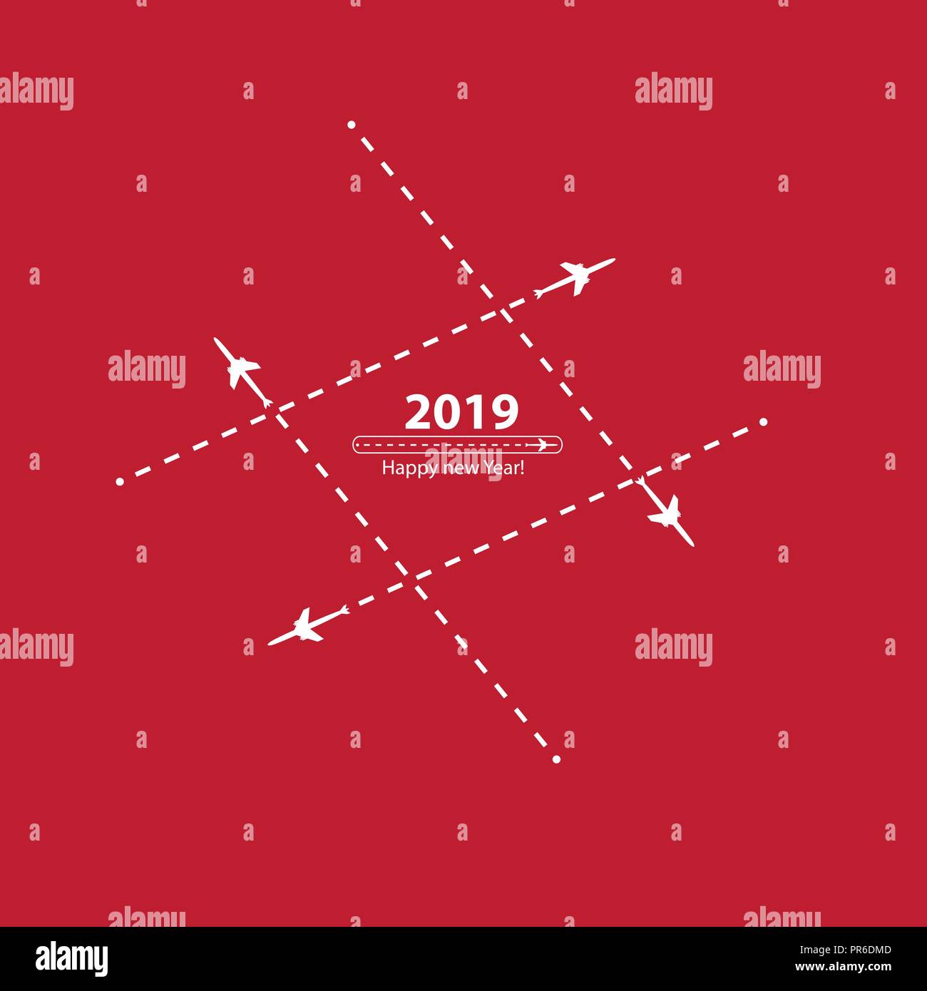 Creative felice anno nuovo 2019 design progressi con barra di caricamento con aereo è in una linea tratteggiata. L'appartamento volante è nero. Il waypoint viene per un viaggio turistico. Via su un sfondo rosa. Illustrazione Vettoriale. Turismo. Viaggiare Illustrazione Vettoriale