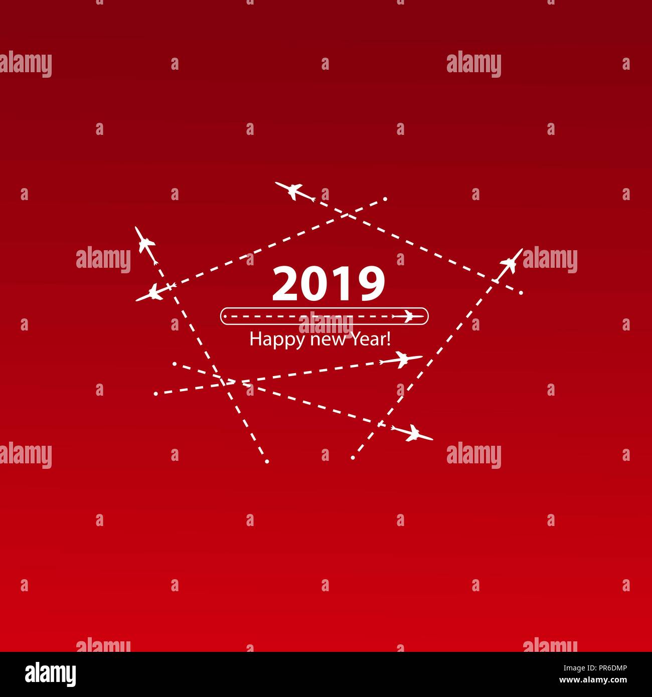 Creative felice anno nuovo 2019 design progressi con barra di caricamento con aereo è in una linea tratteggiata. L'appartamento volante è nero. Il waypoint viene per un viaggio turistico. Via su un sfondo rosa. Illustrazione Vettoriale. Turismo. Viaggiare Illustrazione Vettoriale