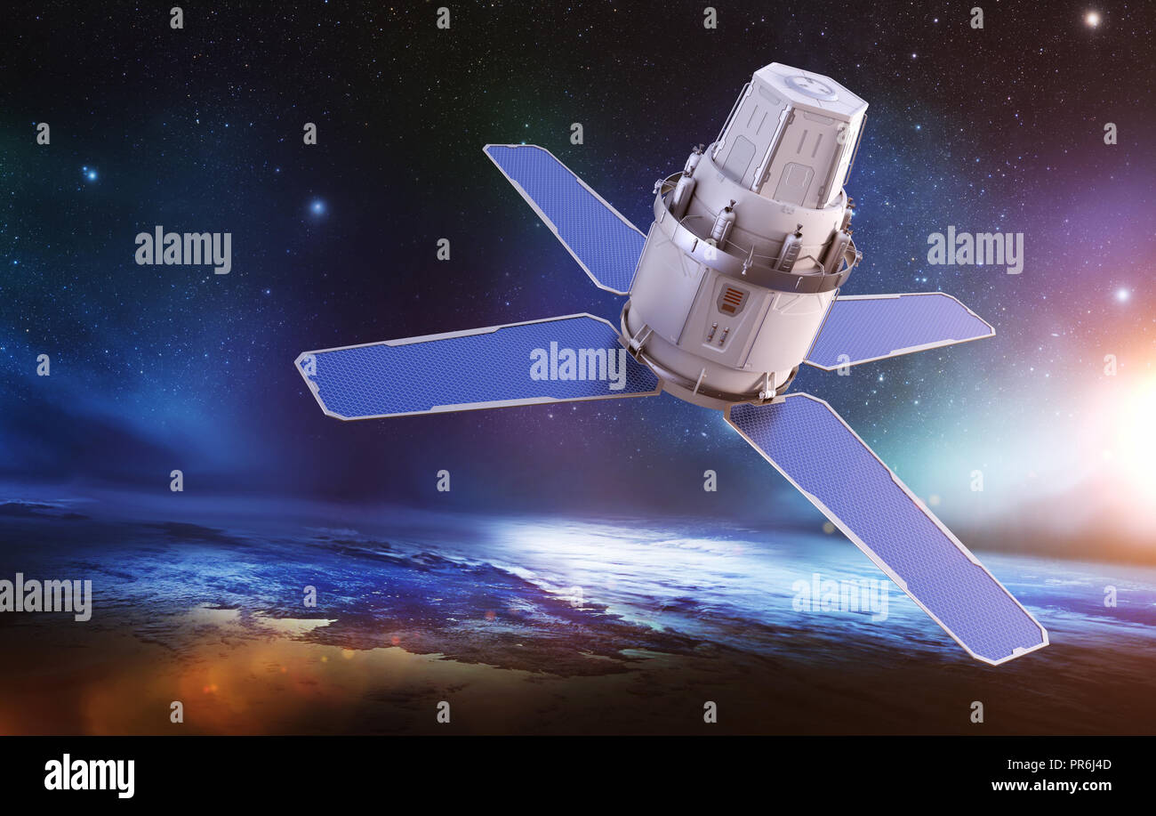 Sci-Fi sattellite sull'orbita della Terra. Gli elementi di questa immagine fornita da NASA . 3D illustrazione Foto Stock