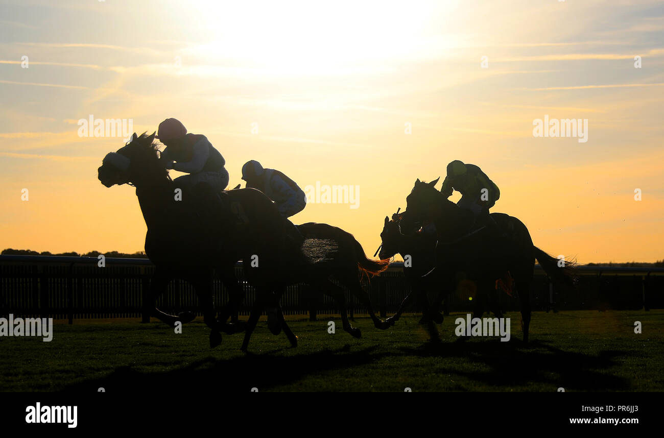 I corridori e ciclisti fanno la loro strada verso il basso la porta dritto a casa durante il British stallone prigionieri EBF " Jersey Lily' Fillies vivaio picchetti di Handicap durante il giorno tre del Cambridgeshire incontro a Newmarket Racecourse. Foto Stock