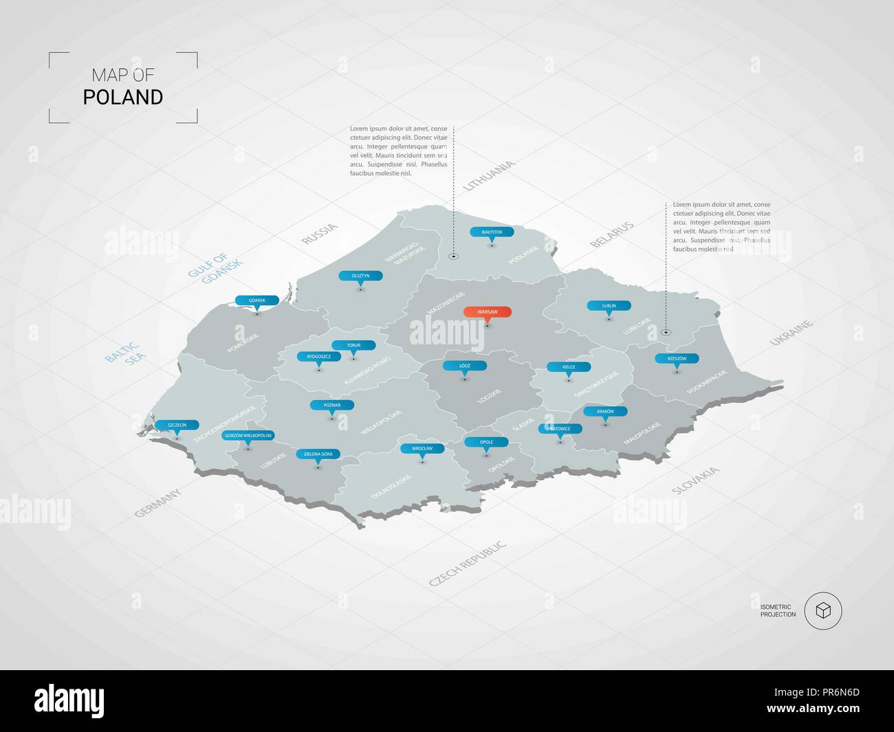 Isometrica, 3D Polonia mappa. Stilizzata mappa vettoriale illustrazione con città, frontiere, capitale, divisioni amministrative e i contrassegni del puntatore; gradiente backgro Illustrazione Vettoriale