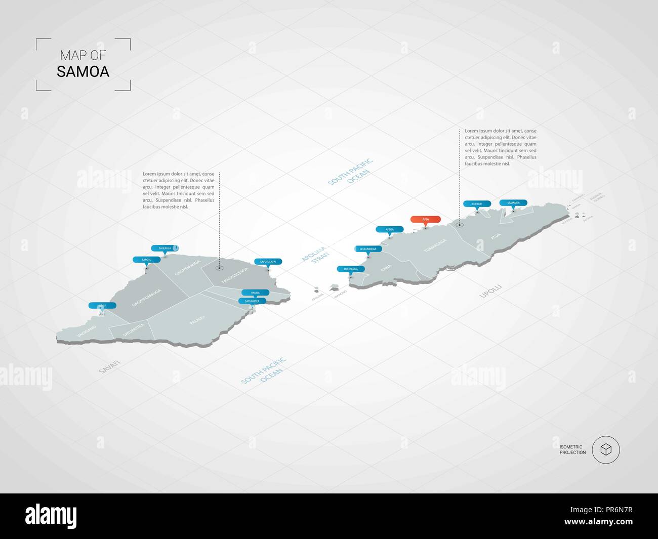 Isometrica, 3D Samoa mappa. Stilizzata mappa vettoriale illustrazione con città, frontiere, capitale, divisioni amministrative e i contrassegni del puntatore; gradiente backgrou Illustrazione Vettoriale