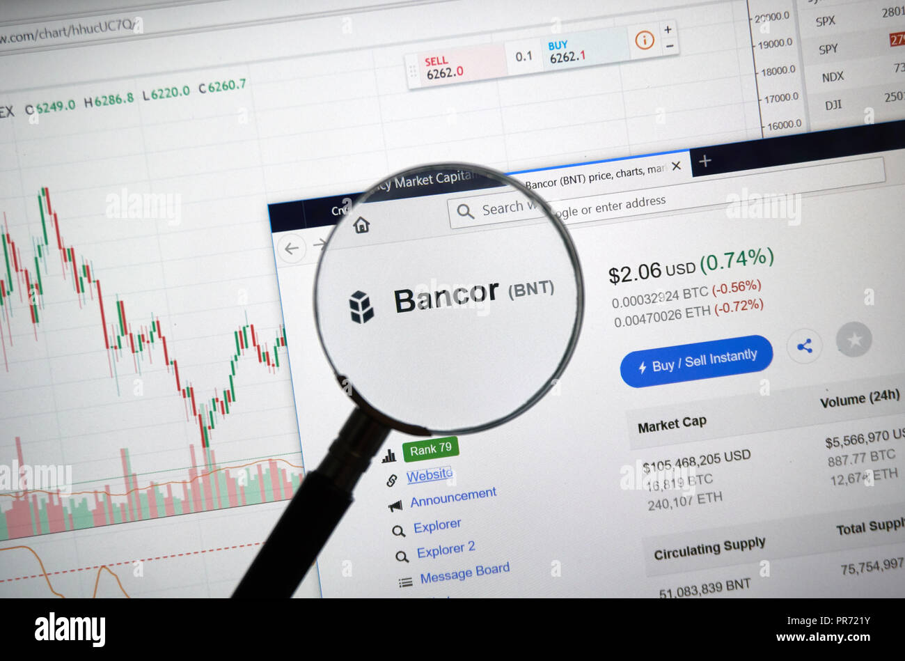 MONTREAL, Canada - 8 Settembre 2018: Bancor altcoin sito sotto la lente di ingrandimento. Blockchain è un crescente elenco di record che sono collegati con la cripta Foto Stock