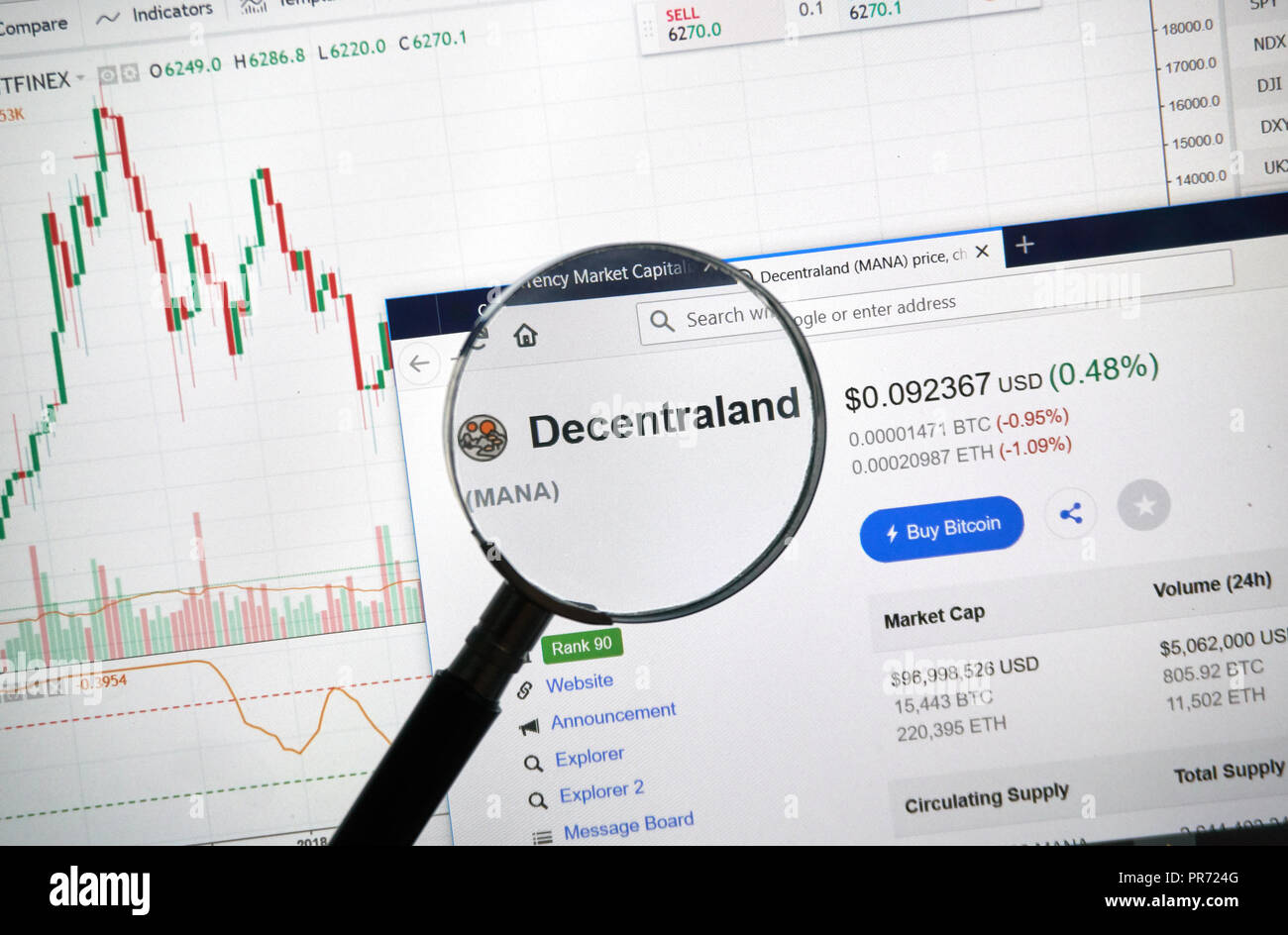 MONTREAL, Canada - 8 Settembre 2018: Decentraland altcoin sito sotto la lente di ingrandimento. Blockchain è un crescente elenco di record che sono collegati tramite Foto Stock