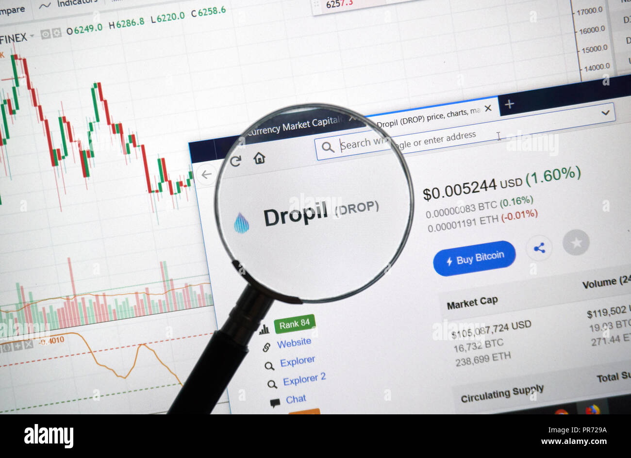 MONTREAL, Canada - 8 Settembre 2018: Dropil altcoin sito sotto la lente di ingrandimento. Blockchain è un crescente elenco di record che sono collegati con la cripta Foto Stock