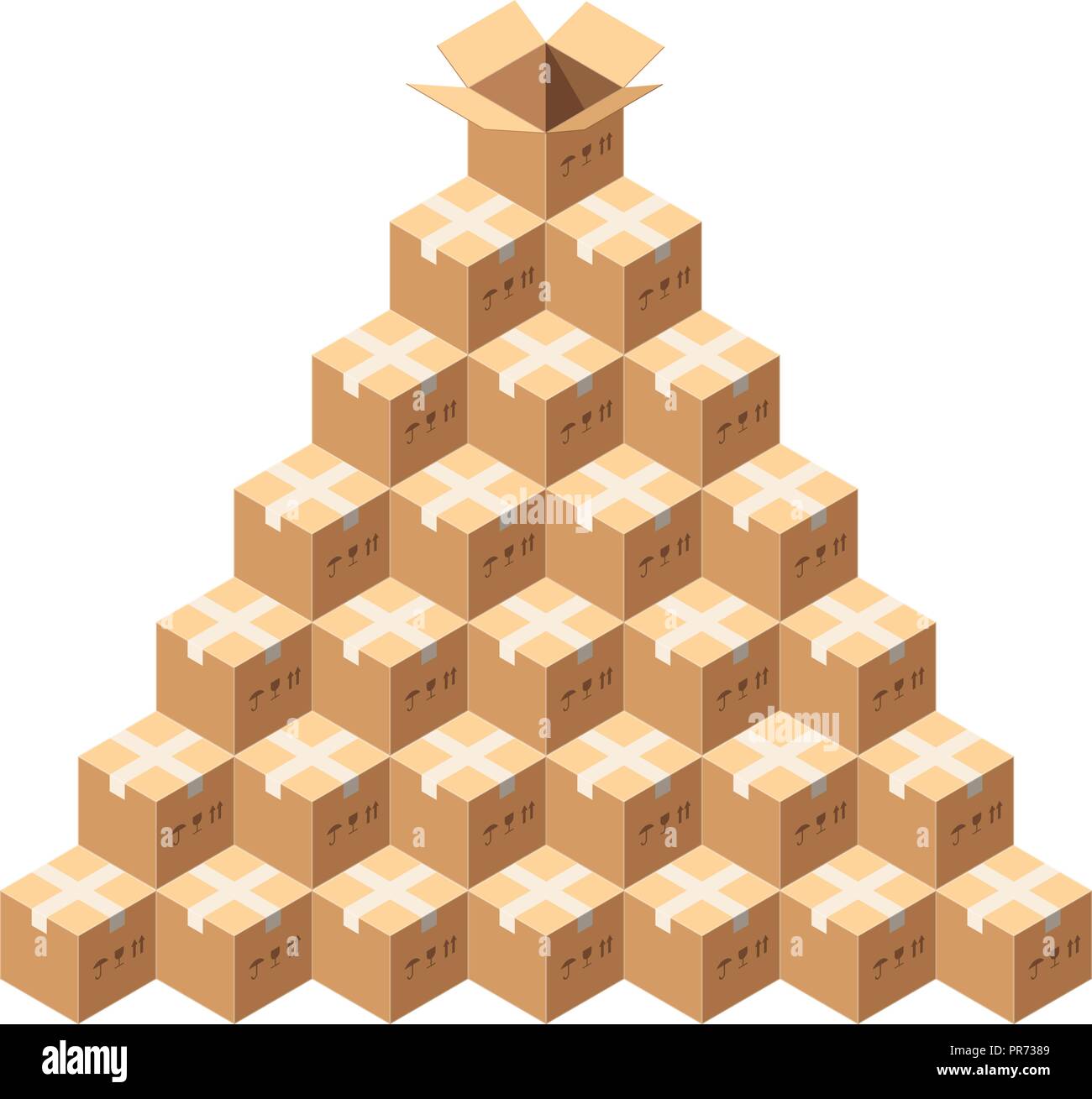 Isometrica pacchetti vettoriali. Tutta la pila di pacchi con nastro adesivo. Piramide di scatole di cartone isolato su bianco. Tutte le scatole sono sigillate, uno scoperto casella in alto. Pacco postale consegna concetto. Illustrazione Vettoriale