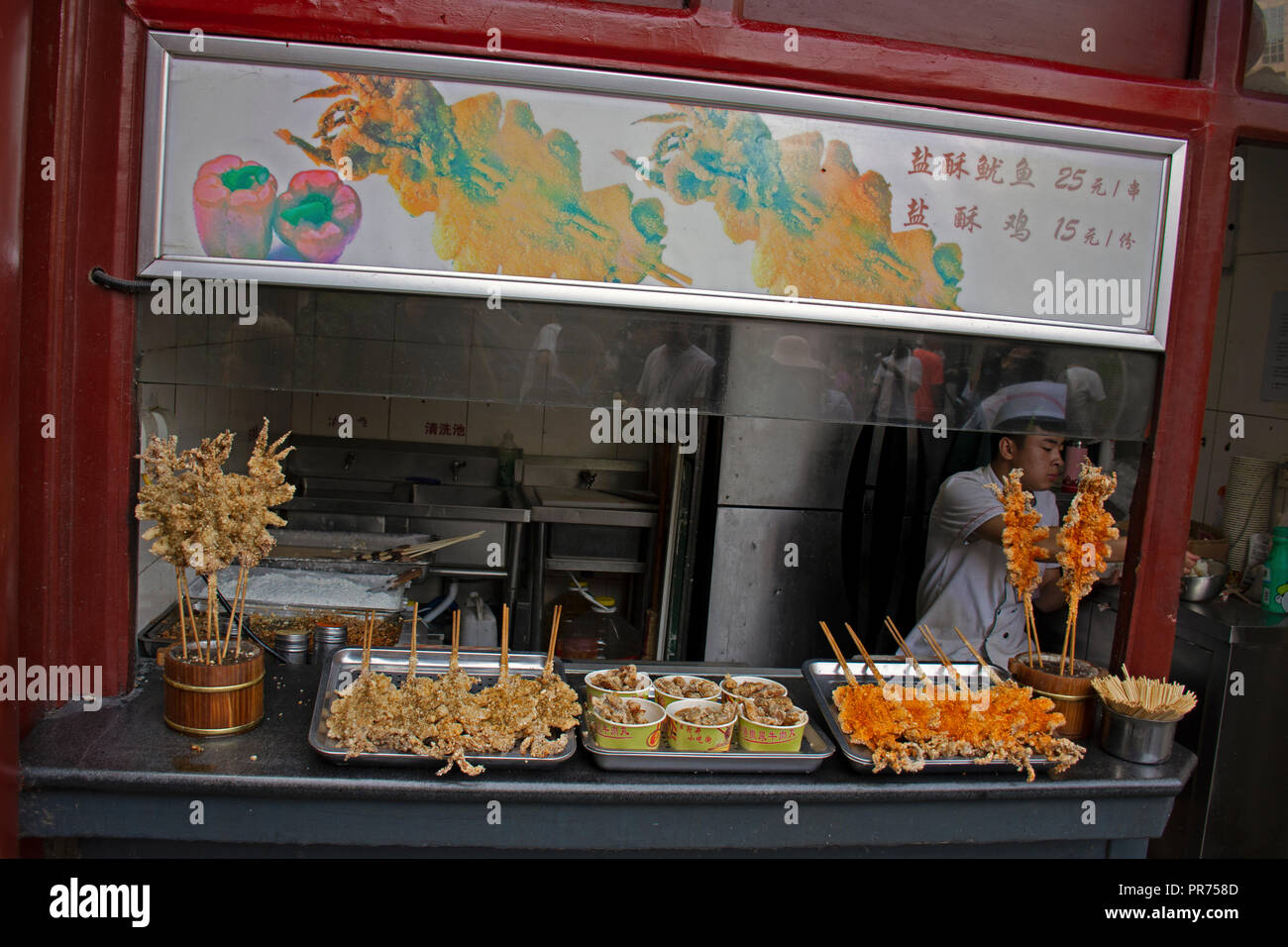 Cibi esotici su un bastone in una fase di stallo nel Snack Wangfujing Street, Pechino, Cina Foto Stock
