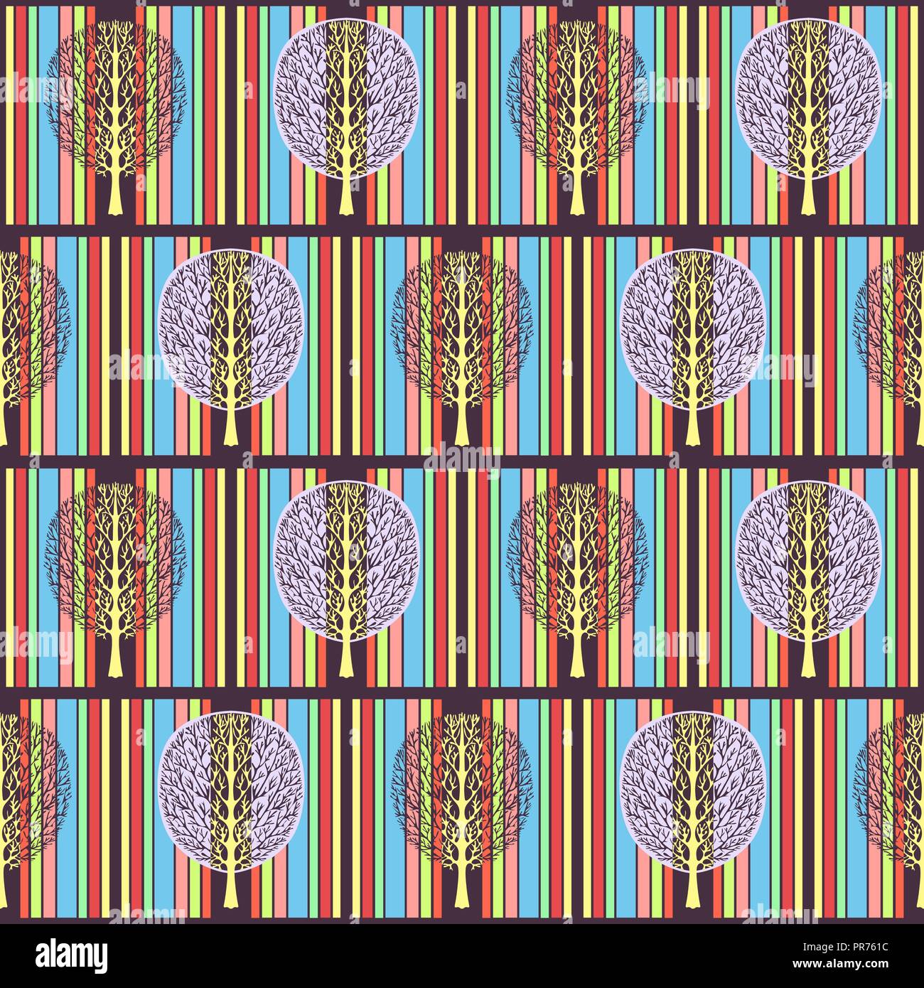Struttura astratta seamless pattern, illustrazione vettoriale e colorato disegno vintage. Rami ornati e corona viola fogliame sullo sfondo multico Illustrazione Vettoriale