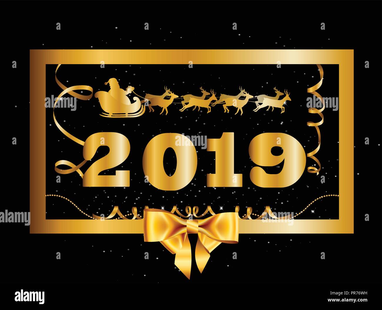 Vector 2019 Felice anno nuovo e di Natale sfondo con golden dono di prua e Santa battenti su deer sleigh decorate con tinsel e coriandoli all'interno di Illustrazione Vettoriale