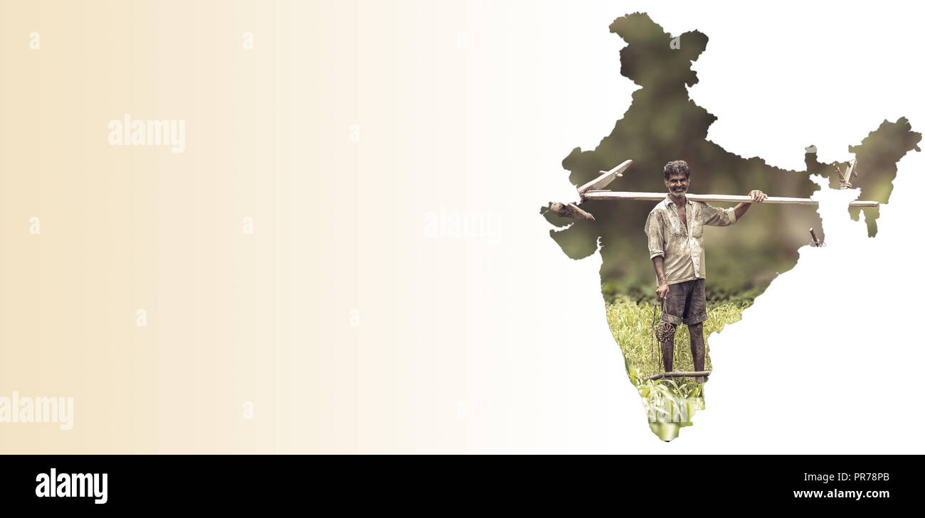 Mappa di India mostra agricoltore indiano ritratto holding aratro bianco sul gradiente dello sfondo, Indiano agricoltura, Kisan diwas concept Foto Stock