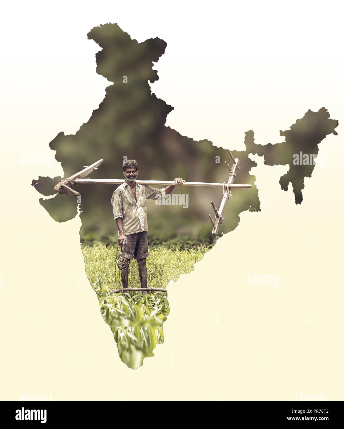 Mappa di India mostra agricoltore indiano ritratto holding aratro bianco sul gradiente dello sfondo, Indiano agricoltura, Kisan diwas concept Foto Stock