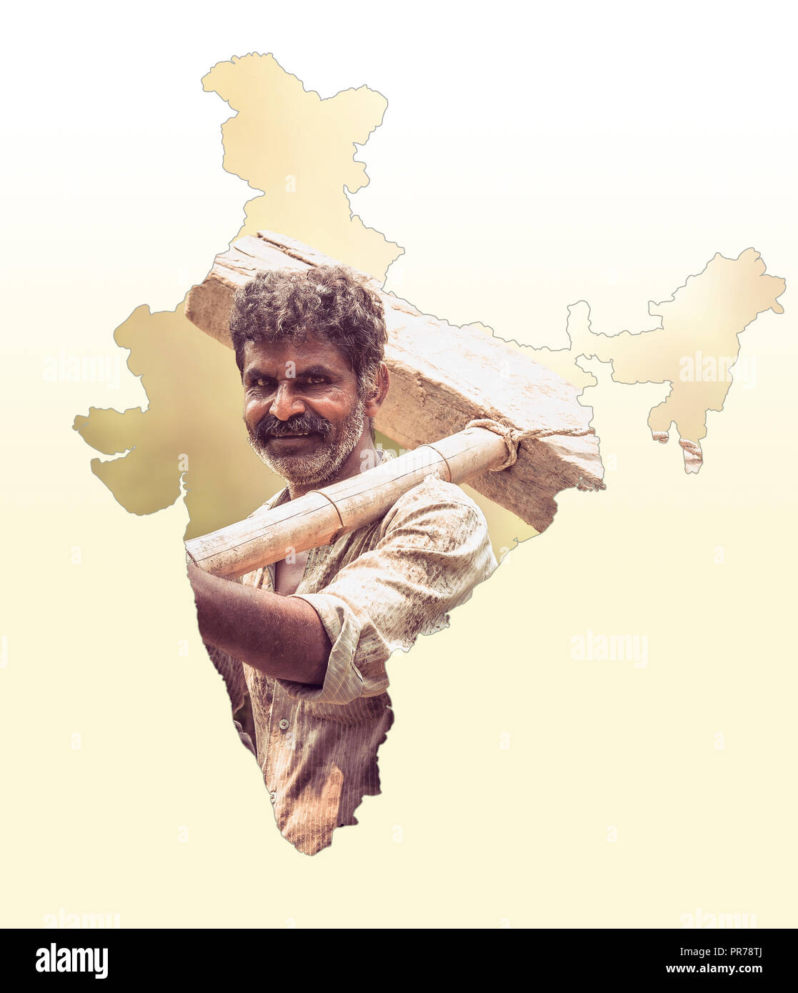 Mappa di India mostra agricoltore indiano ritratto holding aratro bianco sul gradiente dello sfondo, Indiano agricoltura, Kisan diwas concept Foto Stock