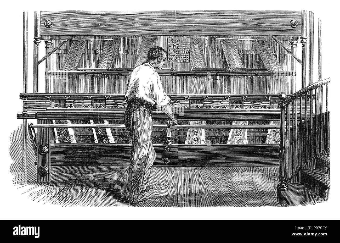 Xix secolo illustrazione del telaio per la tessitura di nastri figurato. Pubblicato in 'Pratica rivista, una dell'Enciclopedia illustrata di Industriale News, inv Foto Stock