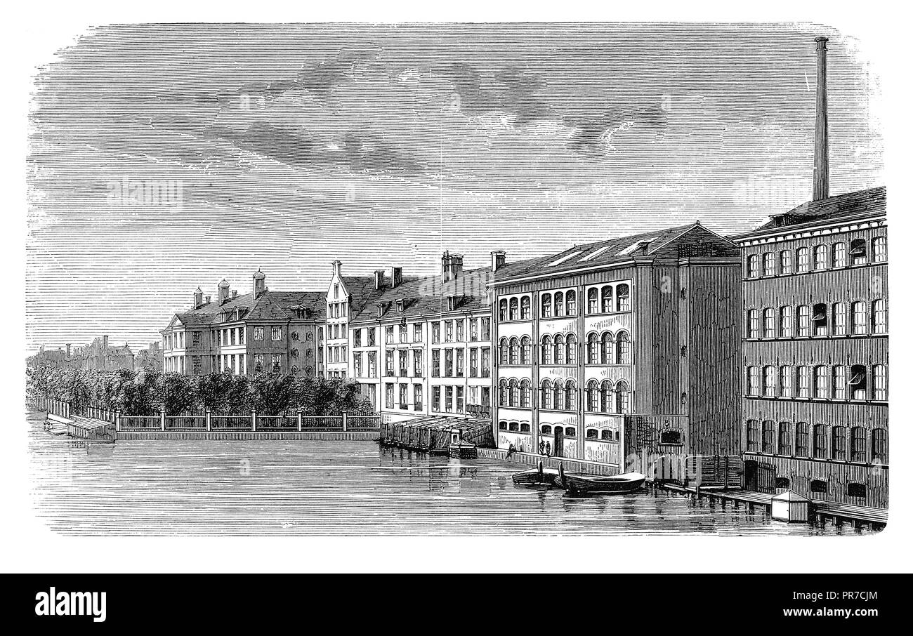 Xix secolo illustrazione del diamante-lavori di taglio sul fiume Amstel di Amsterdam, Paesi Bassi. Pubblicato in 'Pratica Magazine, un illustrat Foto Stock