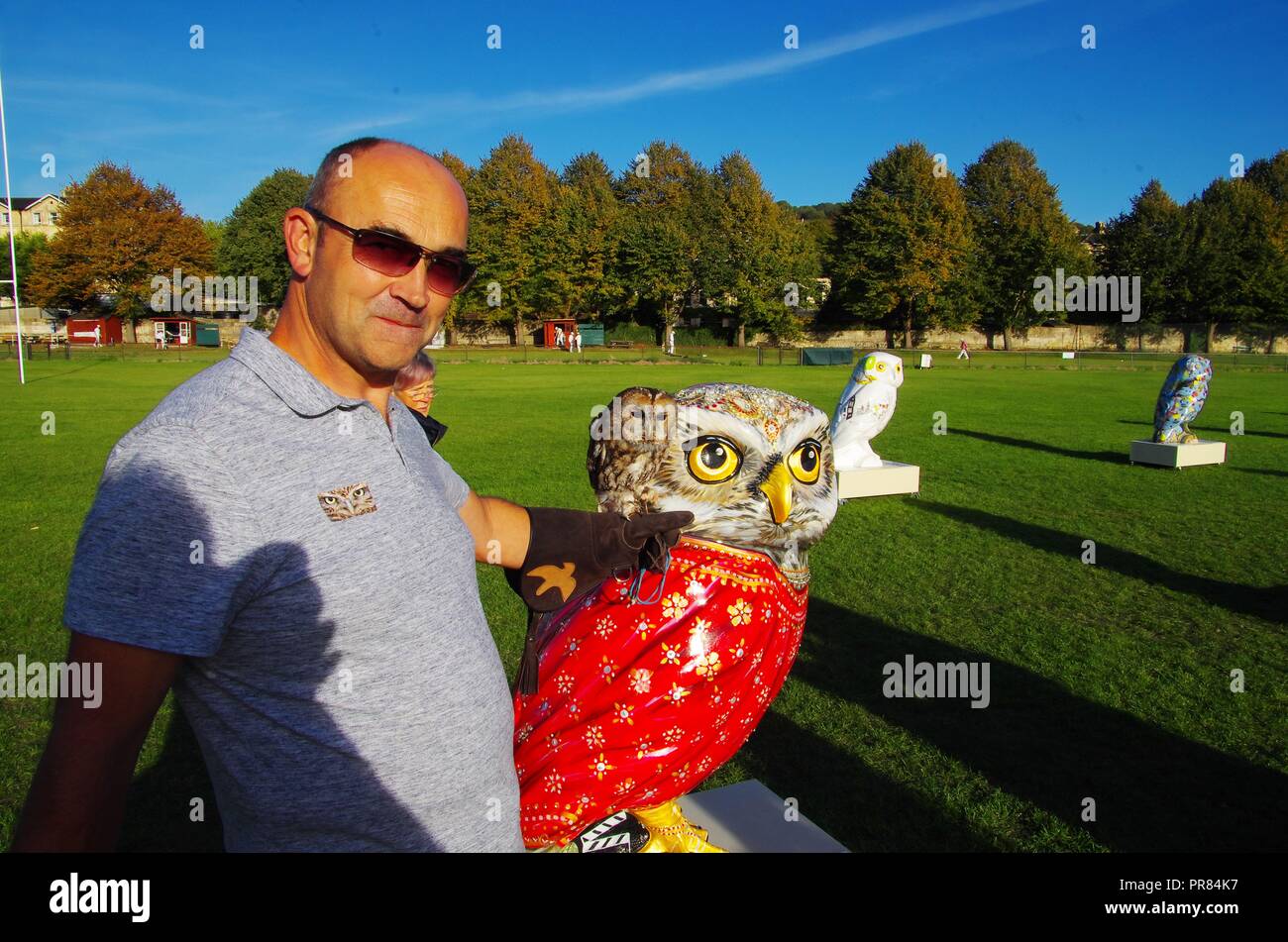 Birmingham, Regno Unito. 29 settembre 2018. Di Minerva gufi del bagno anteprima di aste si è tenuta sul bagno di massa di ricreazione 29 settembre 2018. La Minverva gufi del bagno è un grande arte pubblica del sentiero delle sculture con oltre 80 individualmente decorate di dimensioni super owl sculture.. Tutti i 82 gufi che figuravano sul sentiero sono state sul display all'Hoot addio weekend. Credito: Haydn Wheeler/Alamy Live News Foto Stock