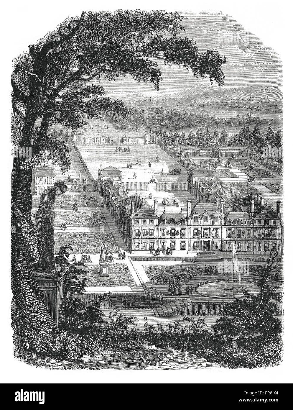 Xix secolo illustrazione della vista generale dell'antico castello di Sceaux dal lato dei giardini. Afer una stampa fin dal XVIII secolo. Illustrazione originale pub Foto Stock