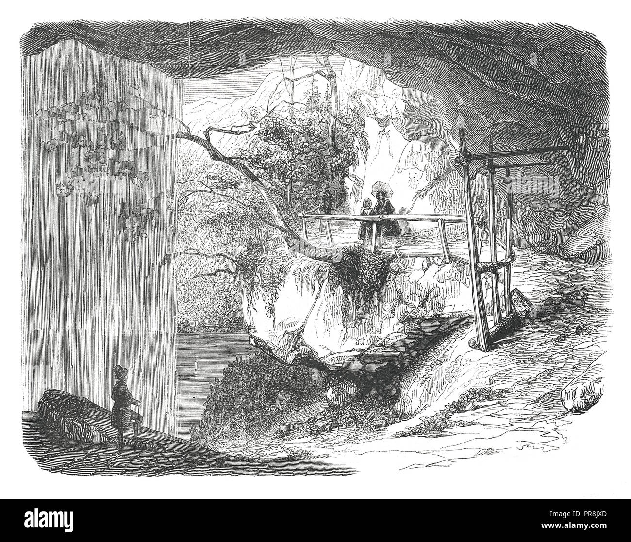Xix secolo illustrazione di una vista della cascata Giessbach, nell'Oberland Bernese - disegno dopo la natura, da Karl Girardet. Illustrazione originale publi Foto Stock