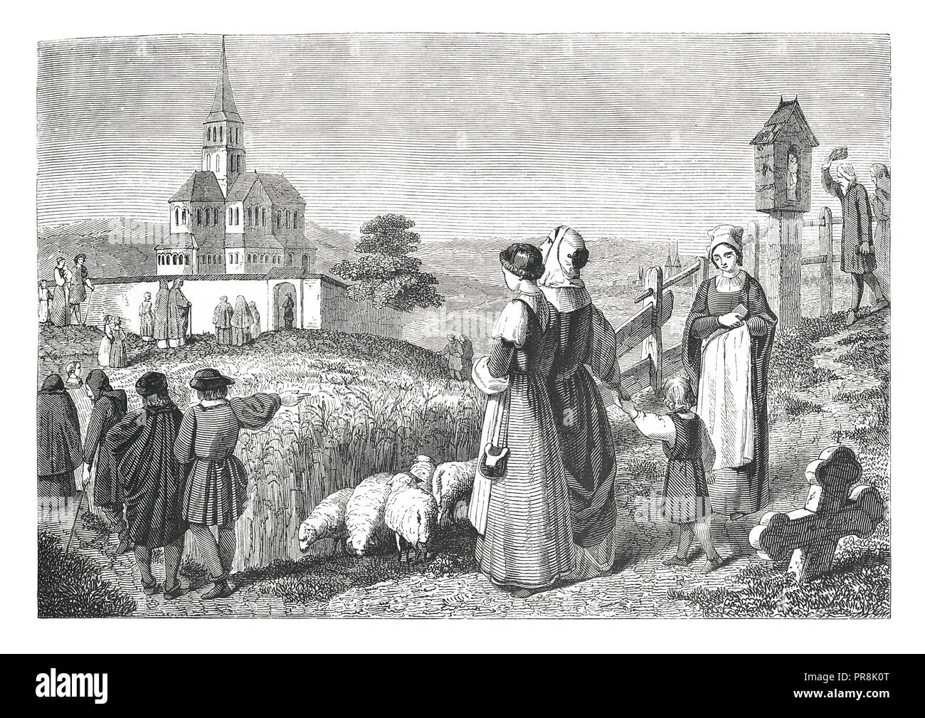 Xix secolo illustrazione di una scena dove la gente dei villaggi nella vecchia Germania andare in chiesa. Illustrazione originale pubblicato in Le magasin pittoresco da M. UN Foto Stock